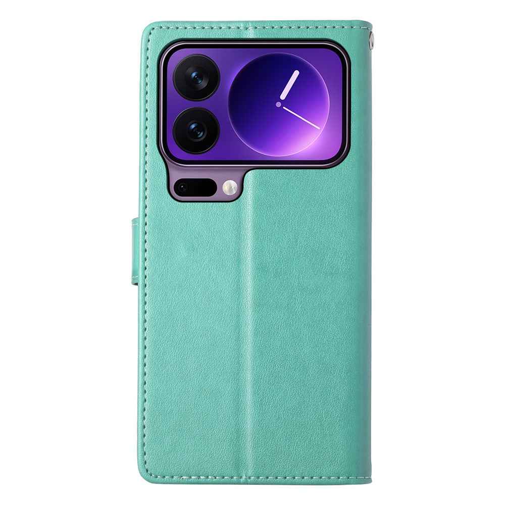 For Xiaomi 17 Pro Wallet Case Butterfly Floral Imprint PU Leather Phone Cover with Wrist Strap - Green