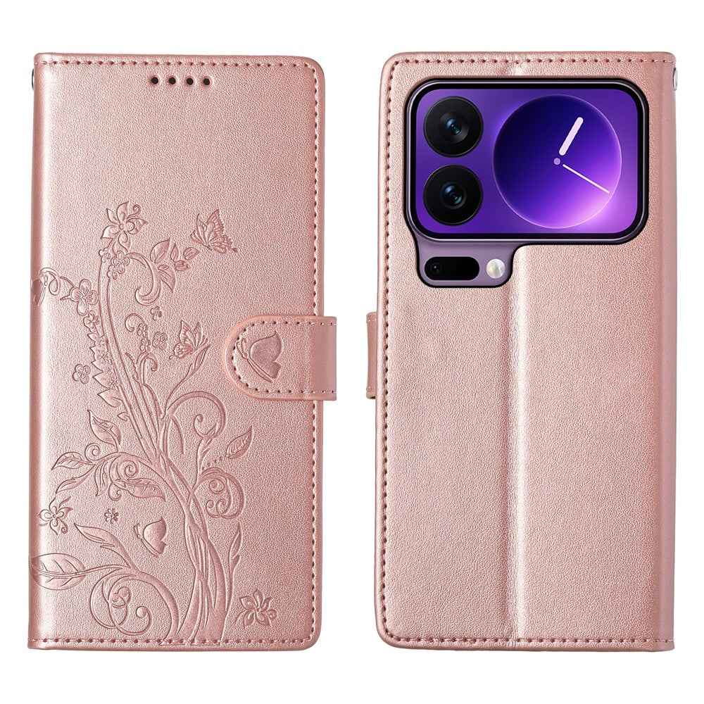 For Xiaomi 17 Pro Wallet Case Butterfly Floral Imprint PU Leather Phone Cover with Wrist Strap - Rose Gold