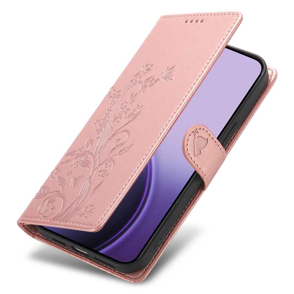 For Xiaomi 17 Pro Wallet Case Butterfly Floral Imprint PU Leather Phone Cover with Wrist Strap - Rose Gold