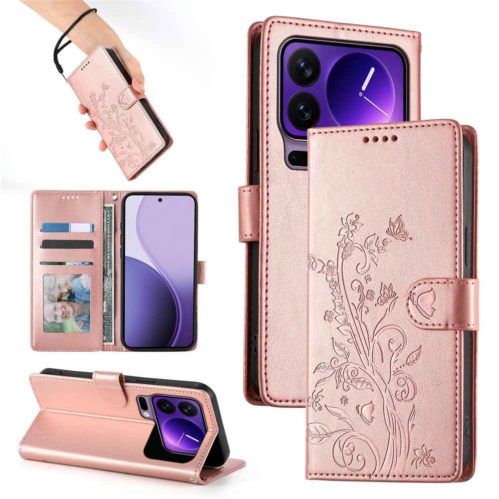 For Xiaomi 17 Pro Wallet Case Butterfly Floral Imprint PU Leather Phone Cover with Wrist Strap - Rose Gold