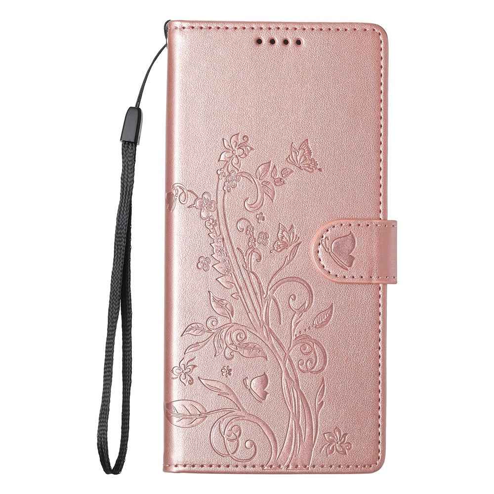 For Xiaomi 17 Pro Wallet Case Butterfly Floral Imprint PU Leather Phone Cover with Wrist Strap - Rose Gold