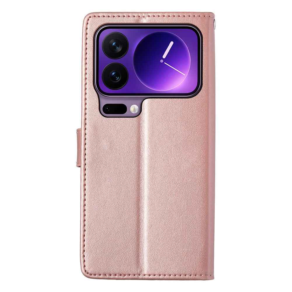 For Xiaomi 17 Pro Wallet Case Butterfly Floral Imprint PU Leather Phone Cover with Wrist Strap - Rose Gold