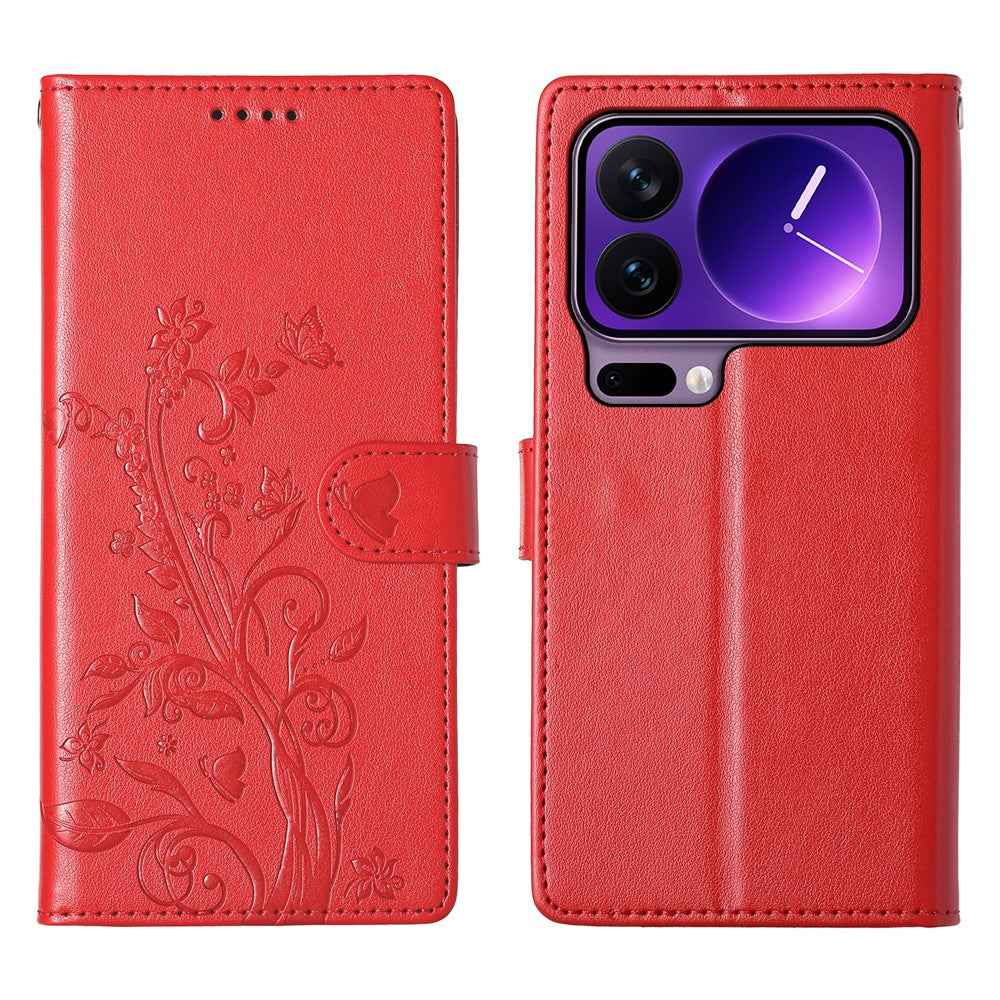 For Xiaomi 17 Pro Wallet Case Butterfly Floral Imprint PU Leather Phone Cover with Wrist Strap - Red