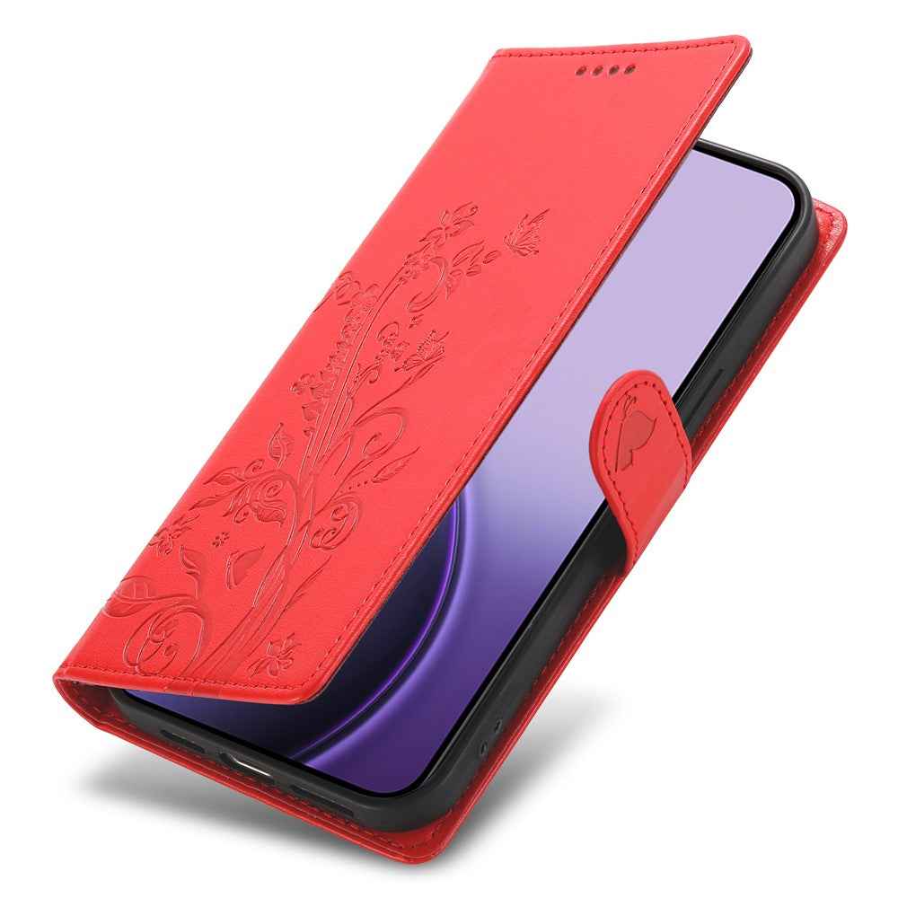 For Xiaomi 17 Pro Wallet Case Butterfly Floral Imprint PU Leather Phone Cover with Wrist Strap - Red