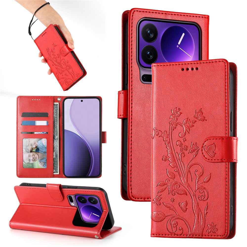 For Xiaomi 17 Pro Wallet Case Butterfly Floral Imprint PU Leather Phone Cover with Wrist Strap - Red
