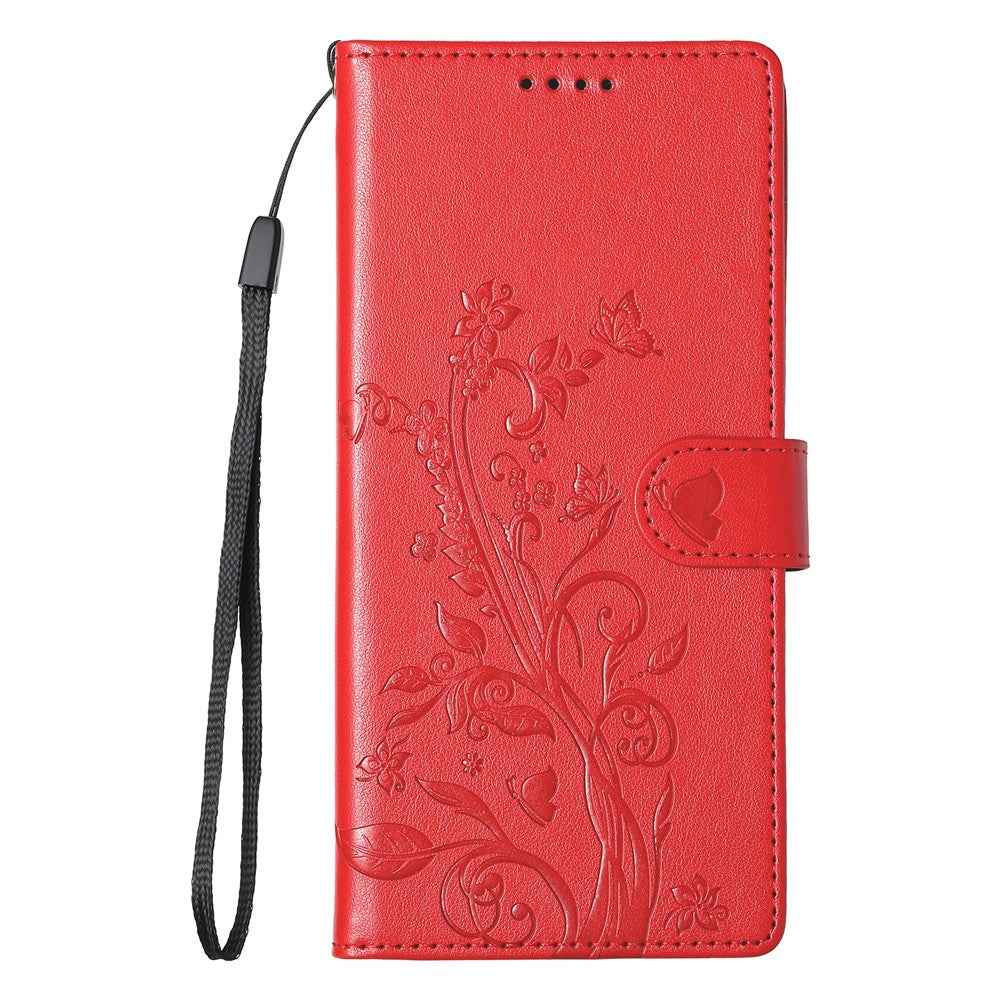 For Xiaomi 17 Pro Wallet Case Butterfly Floral Imprint PU Leather Phone Cover with Wrist Strap - Red