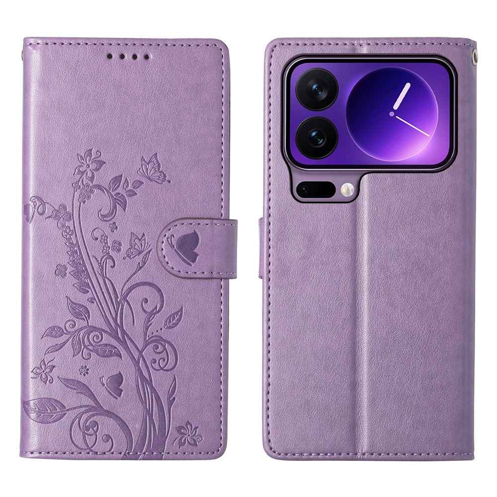 For Xiaomi 17 Pro Wallet Case Butterfly Floral Imprint PU Leather Phone Cover with Wrist Strap - Purple