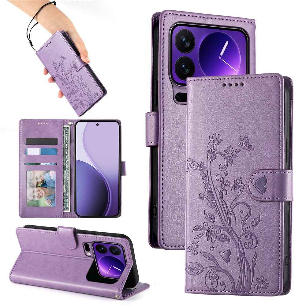 For Xiaomi 17 Pro Wallet Case Butterfly Floral Imprint PU Leather Phone Cover with Wrist Strap - Purple