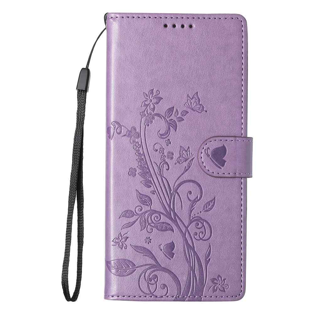 For Xiaomi 17 Pro Wallet Case Butterfly Floral Imprint PU Leather Phone Cover with Wrist Strap - Purple