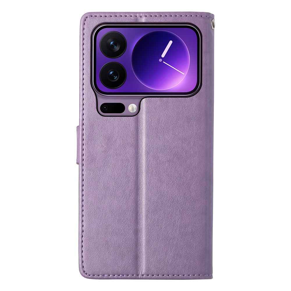 For Xiaomi 17 Pro Wallet Case Butterfly Floral Imprint PU Leather Phone Cover with Wrist Strap - Purple