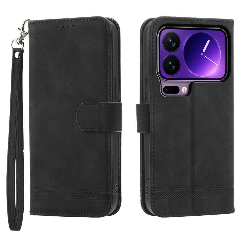 DIERFENG DF-03 For Xiaomi 17 Pro Case Lines Imprint Wallet Leather Phone Cover with Wrist Strap - Black