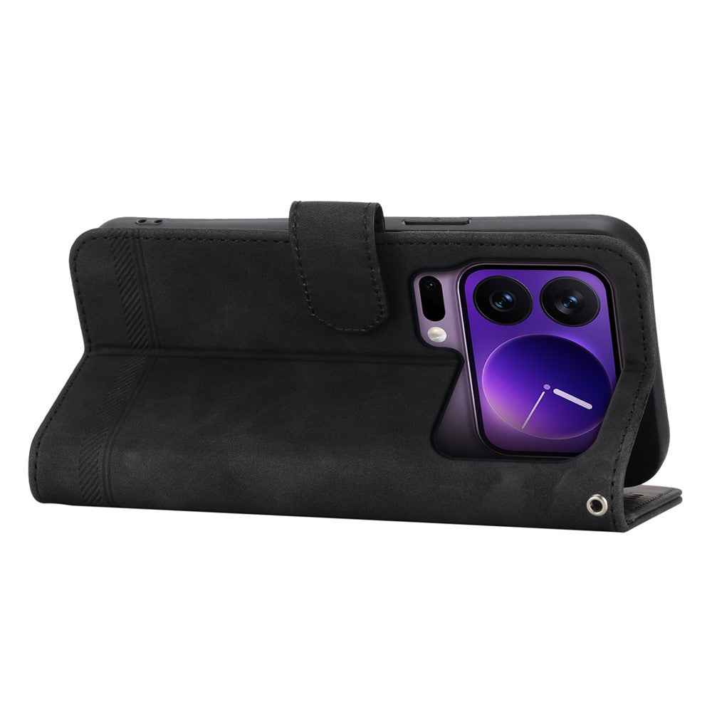 DIERFENG DF-03 For Xiaomi 17 Pro Case Lines Imprint Wallet Leather Phone Cover with Wrist Strap - Black