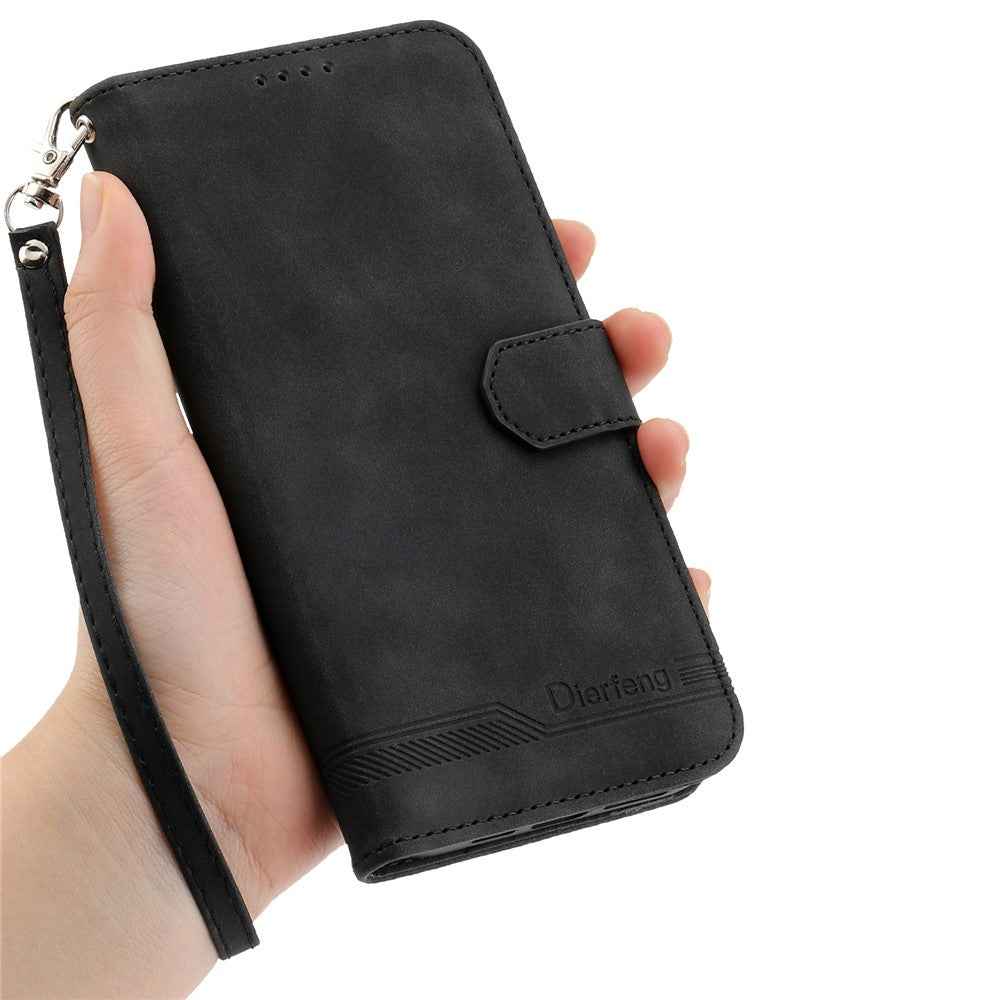 DIERFENG DF-03 For Xiaomi 17 Pro Case Lines Imprint Wallet Leather Phone Cover with Wrist Strap - Black