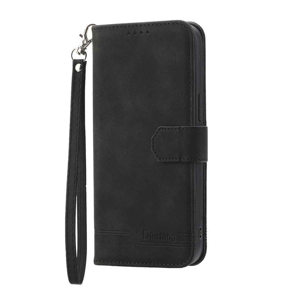DIERFENG DF-03 For Xiaomi 17 Pro Case Lines Imprint Wallet Leather Phone Cover with Wrist Strap - Black