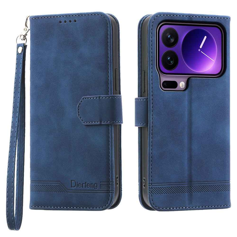 DIERFENG DF-03 For Xiaomi 17 Pro Case Lines Imprint Wallet Leather Phone Cover with Wrist Strap - Blue
