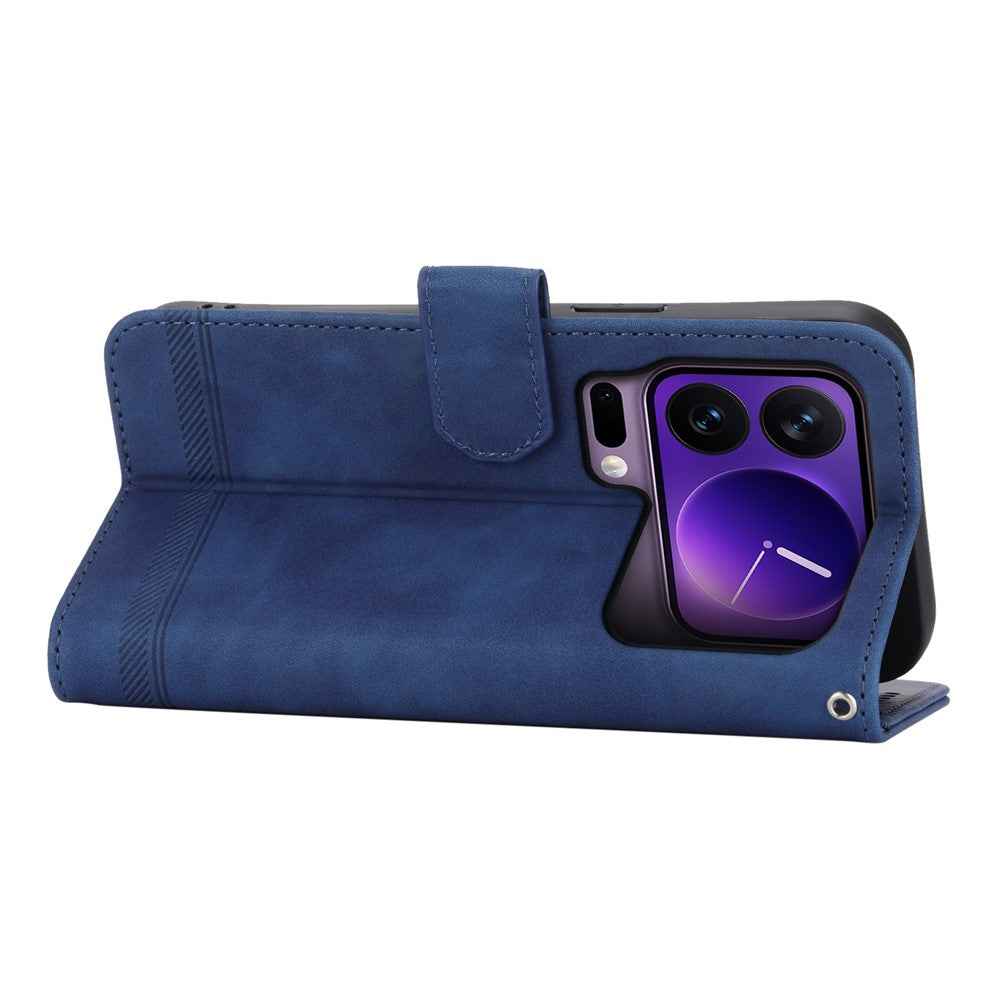 DIERFENG DF-03 For Xiaomi 17 Pro Case Lines Imprint Wallet Leather Phone Cover with Wrist Strap - Blue
