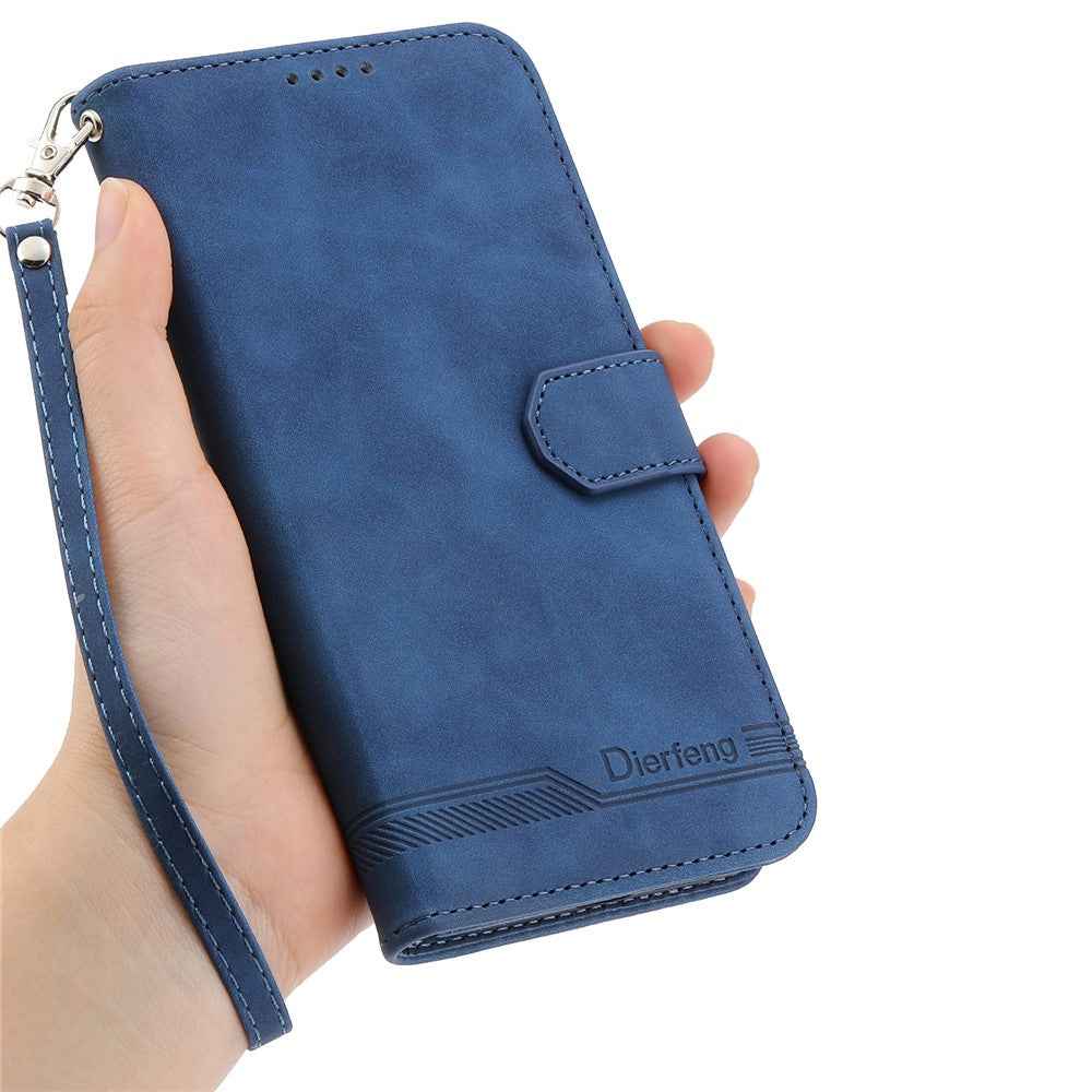 DIERFENG DF-03 For Xiaomi 17 Pro Case Lines Imprint Wallet Leather Phone Cover with Wrist Strap - Blue
