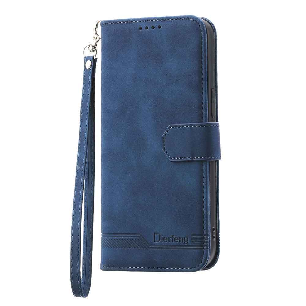 DIERFENG DF-03 For Xiaomi 17 Pro Case Lines Imprint Wallet Leather Phone Cover with Wrist Strap - Blue
