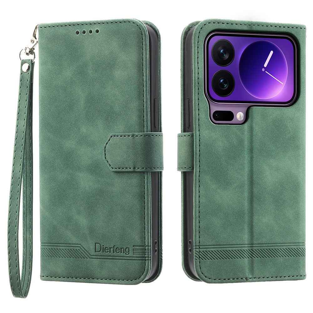 DIERFENG DF-03 For Xiaomi 17 Pro Case Lines Imprint Wallet Leather Phone Cover with Wrist Strap - Green