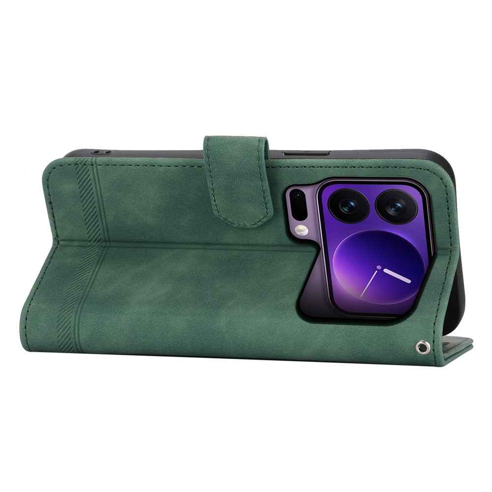 DIERFENG DF-03 For Xiaomi 17 Pro Case Lines Imprint Wallet Leather Phone Cover with Wrist Strap - Green