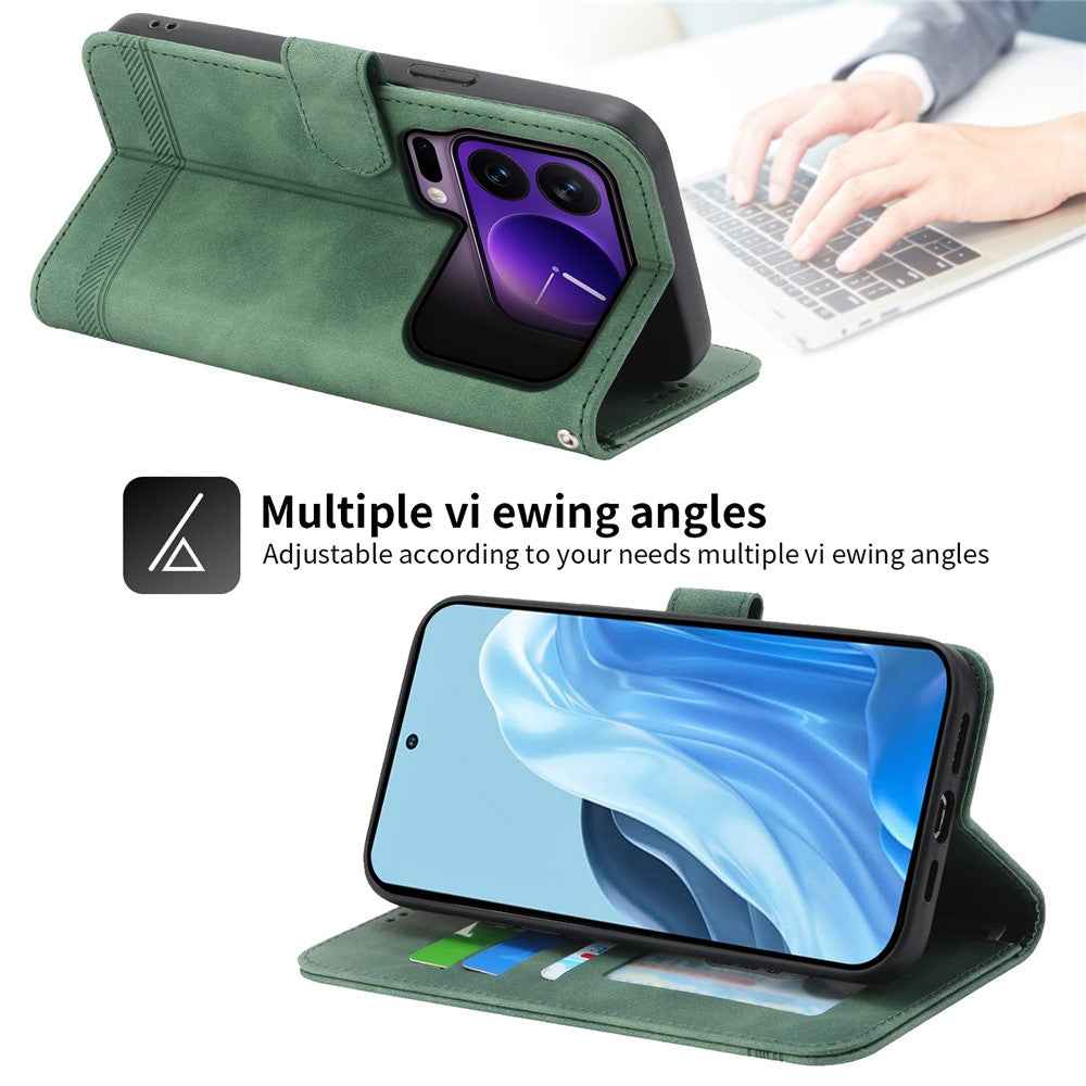 DIERFENG DF-03 For Xiaomi 17 Pro Case Lines Imprint Wallet Leather Phone Cover with Wrist Strap - Green