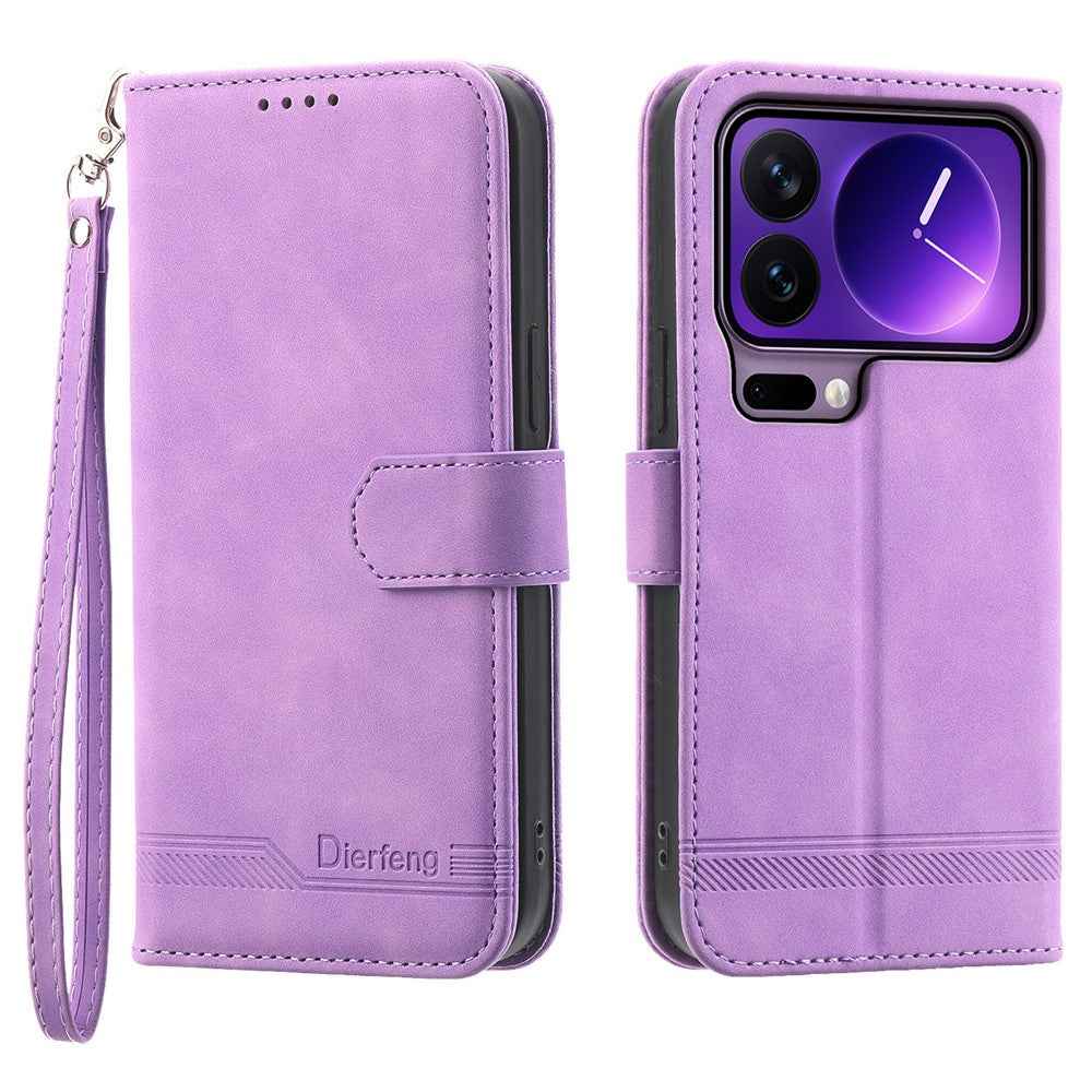 DIERFENG DF-03 For Xiaomi 17 Pro Case Lines Imprint Wallet Leather Phone Cover with Wrist Strap - Purple