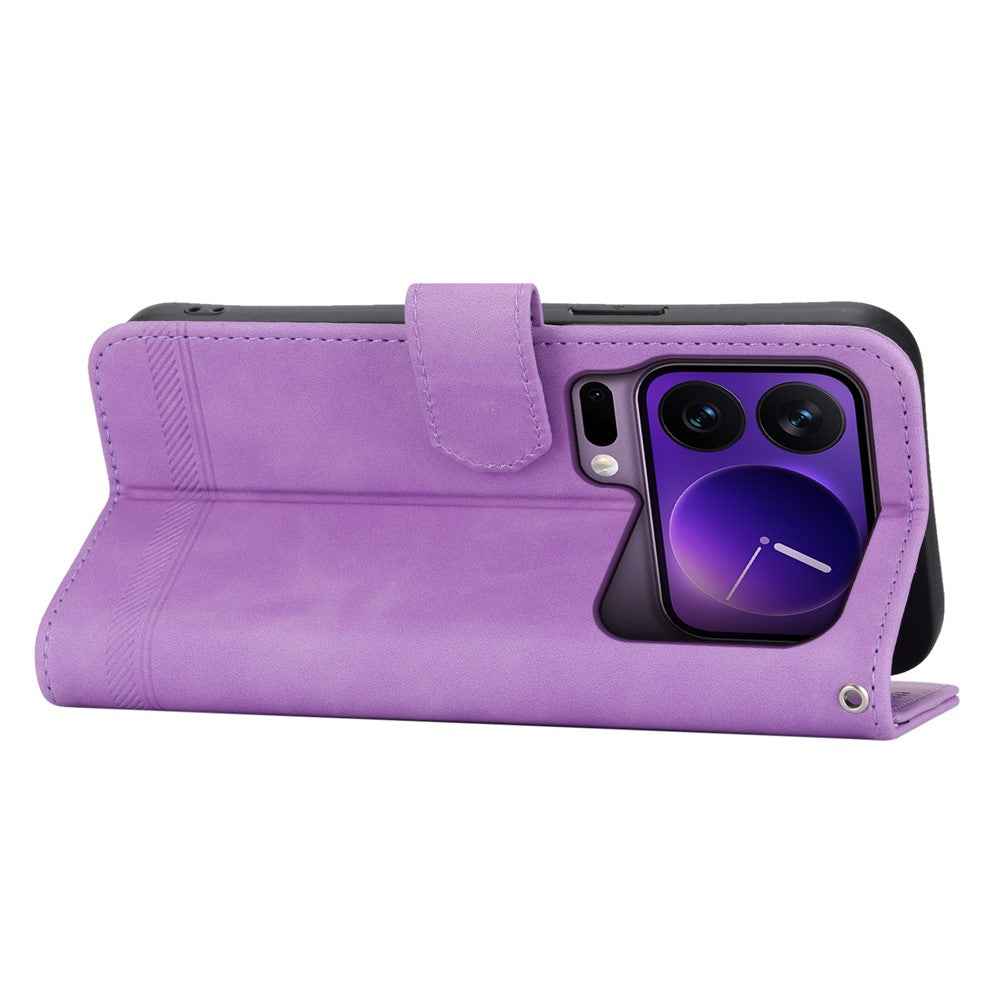 DIERFENG DF-03 For Xiaomi 17 Pro Case Lines Imprint Wallet Leather Phone Cover with Wrist Strap - Purple