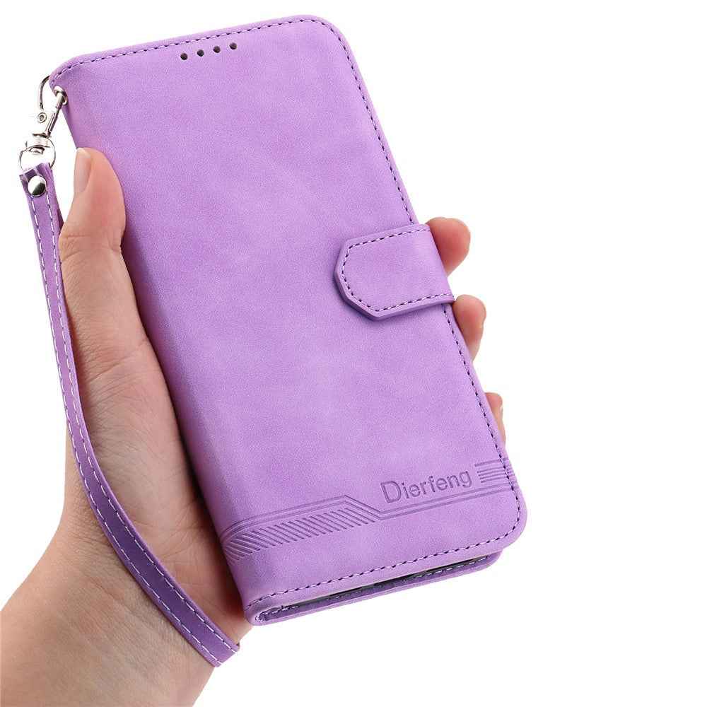 DIERFENG DF-03 For Xiaomi 17 Pro Case Lines Imprint Wallet Leather Phone Cover with Wrist Strap - Purple