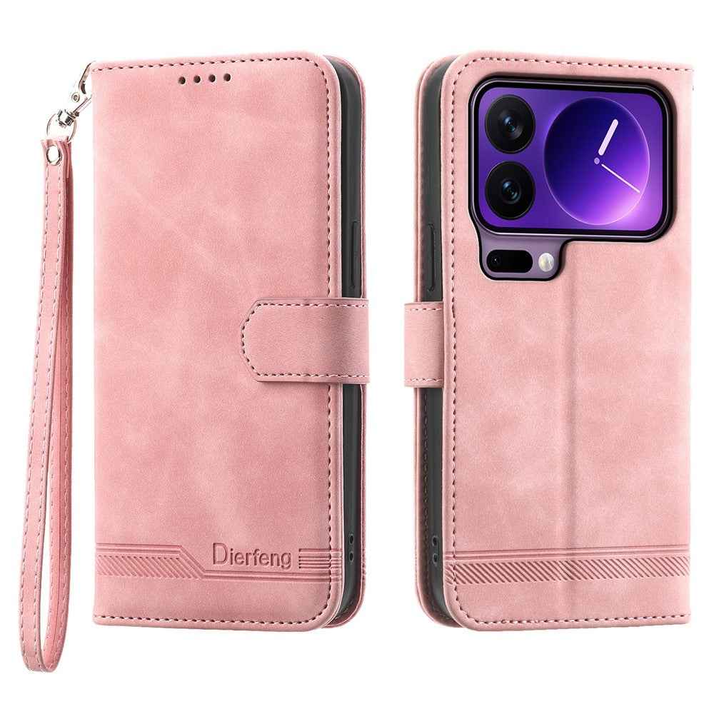 DIERFENG DF-03 For Xiaomi 17 Pro Case Lines Imprint Wallet Leather Phone Cover with Wrist Strap - Pink