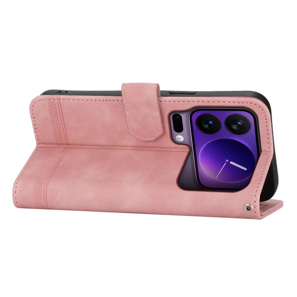 DIERFENG DF-03 For Xiaomi 17 Pro Case Lines Imprint Wallet Leather Phone Cover with Wrist Strap - Pink