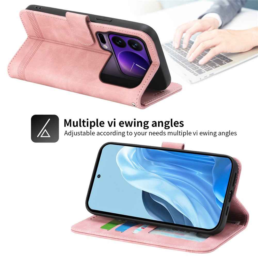 DIERFENG DF-03 For Xiaomi 17 Pro Case Lines Imprint Wallet Leather Phone Cover with Wrist Strap - Pink