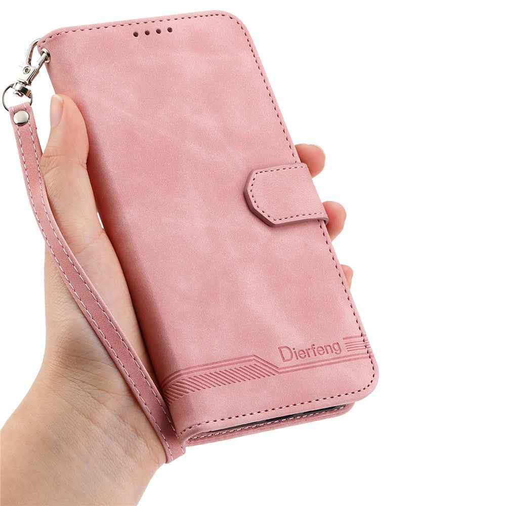 DIERFENG DF-03 For Xiaomi 17 Pro Case Lines Imprint Wallet Leather Phone Cover with Wrist Strap - Pink
