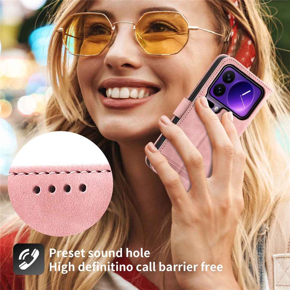 DIERFENG DF-03 For Xiaomi 17 Pro Case Lines Imprint Wallet Leather Phone Cover with Wrist Strap - Pink