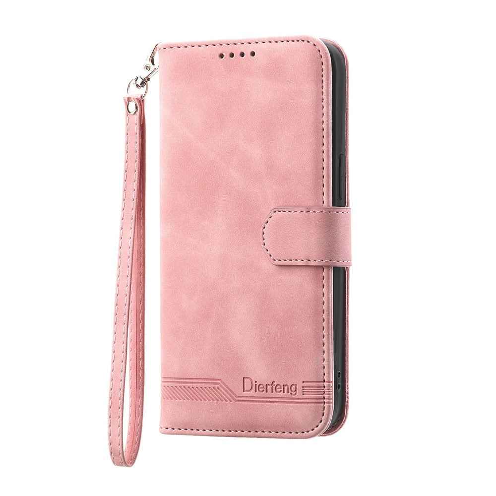 DIERFENG DF-03 For Xiaomi 17 Pro Case Lines Imprint Wallet Leather Phone Cover with Wrist Strap - Pink