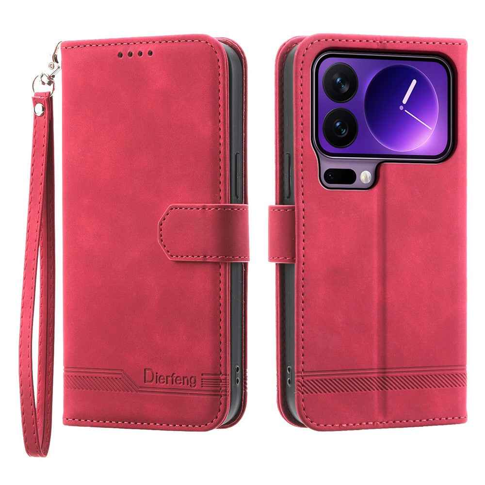 DIERFENG DF-03 For Xiaomi 17 Pro Case Lines Imprint Wallet Leather Phone Cover with Wrist Strap - Red
