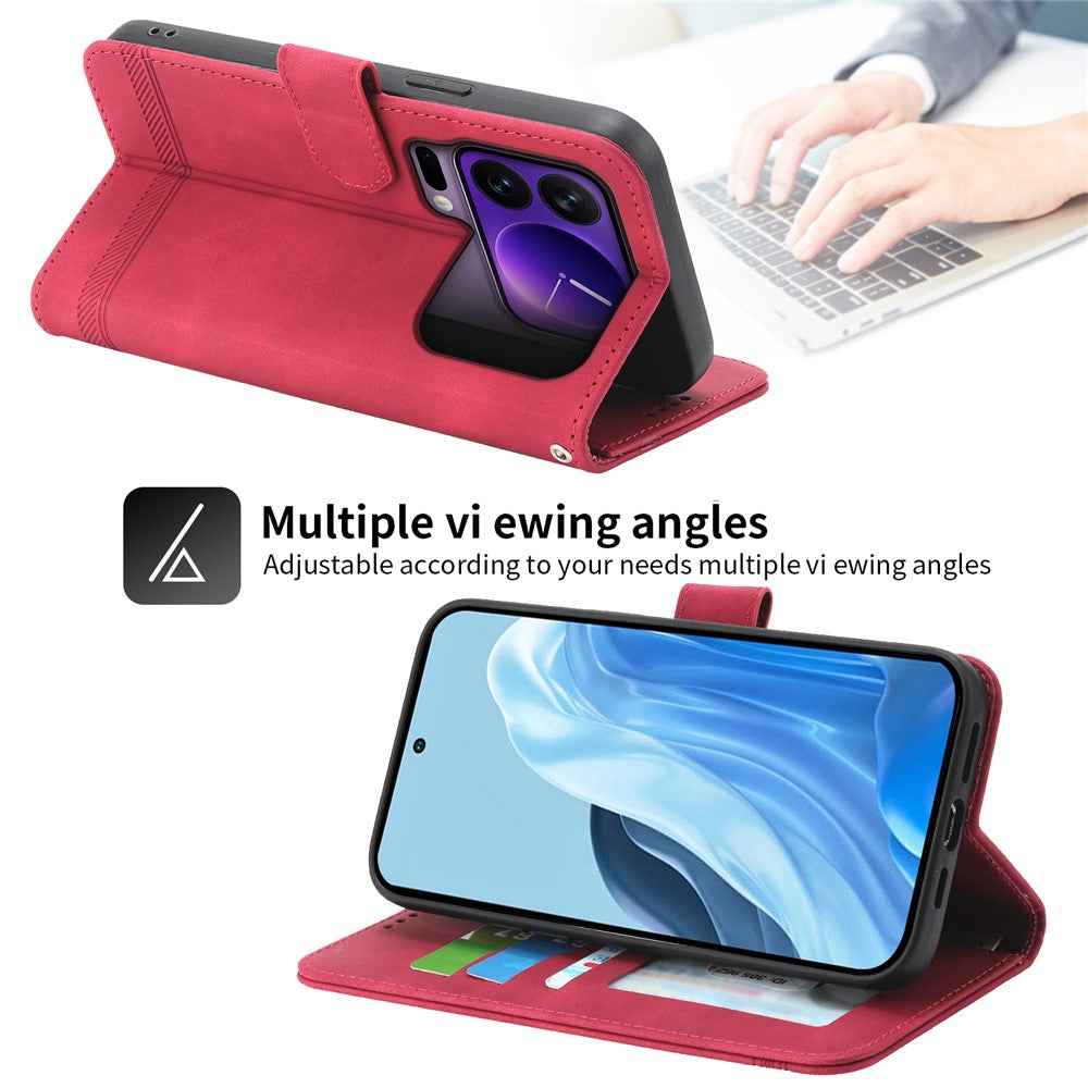 DIERFENG DF-03 For Xiaomi 17 Pro Case Lines Imprint Wallet Leather Phone Cover with Wrist Strap - Red