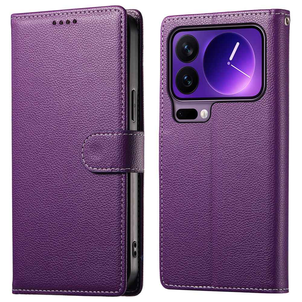 For Xiaomi 17 Pro Case Magnetic Snap Litchi Texture Leather Wallet Phone Cover with Wrist Strap - Purple