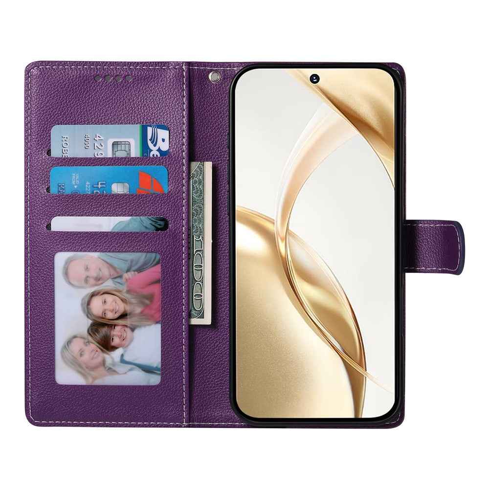For Xiaomi 17 Pro Case Magnetic Snap Litchi Texture Leather Wallet Phone Cover with Wrist Strap - Purple