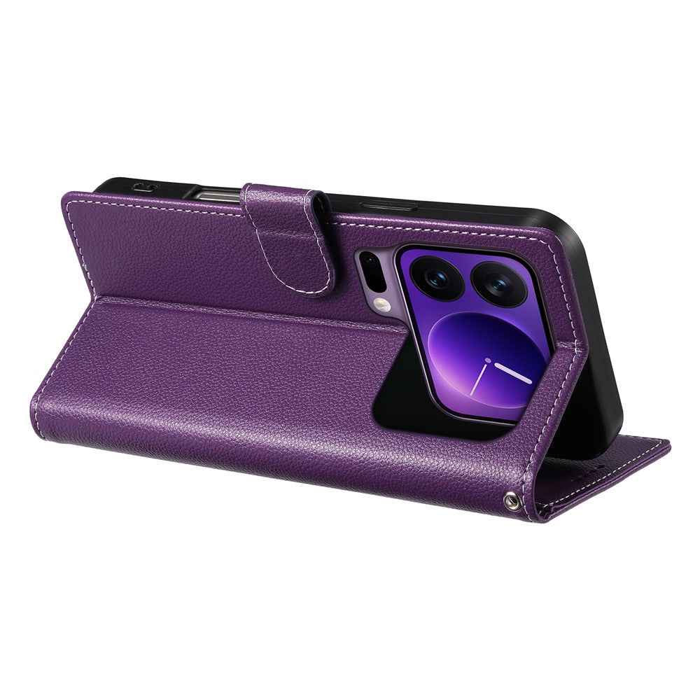 For Xiaomi 17 Pro Case Magnetic Snap Litchi Texture Leather Wallet Phone Cover with Wrist Strap - Purple