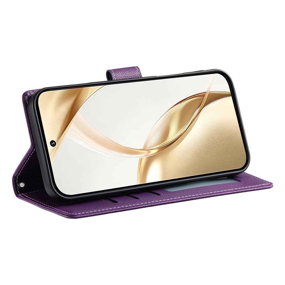 For Xiaomi 17 Pro Case Magnetic Snap Litchi Texture Leather Wallet Phone Cover with Wrist Strap - Purple