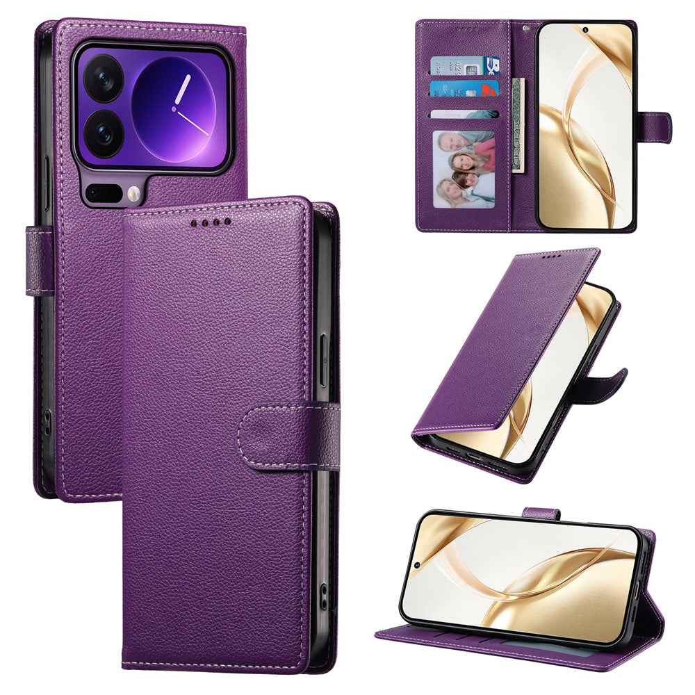 For Xiaomi 17 Pro Case Magnetic Snap Litchi Texture Leather Wallet Phone Cover with Wrist Strap - Purple