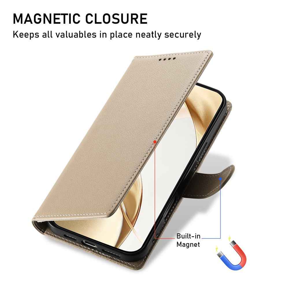 For Xiaomi 17 Pro Case Magnetic Snap Litchi Texture Leather Wallet Phone Cover with Wrist Strap - Apricot
