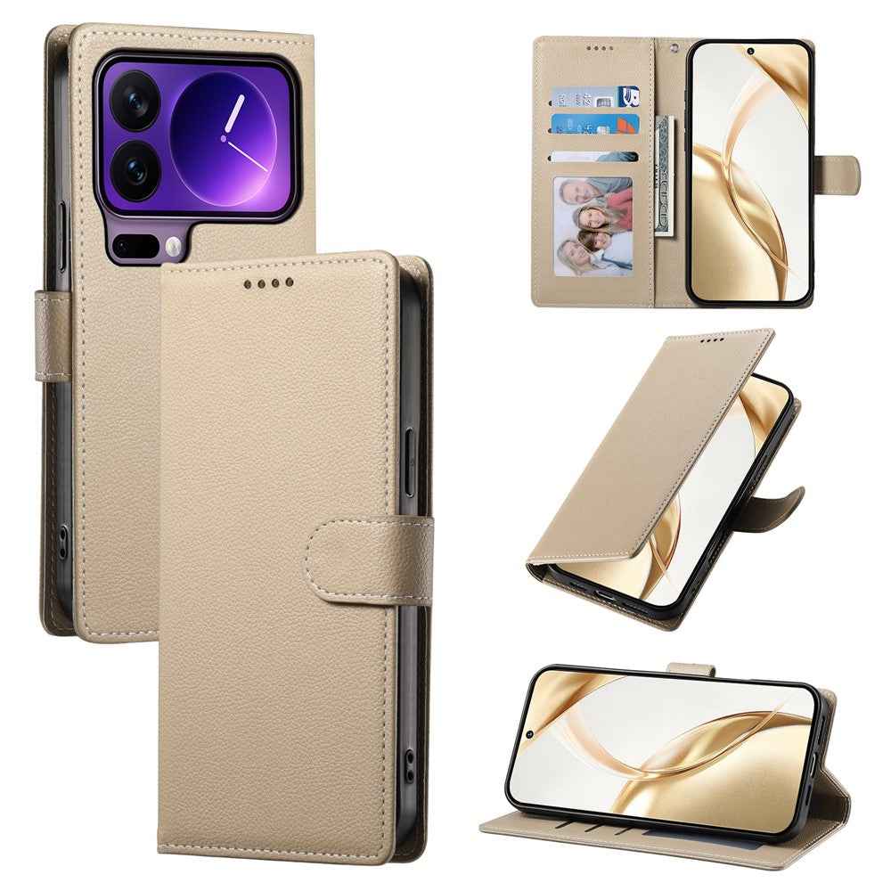 For Xiaomi 17 Pro Case Magnetic Snap Litchi Texture Leather Wallet Phone Cover with Wrist Strap - Apricot