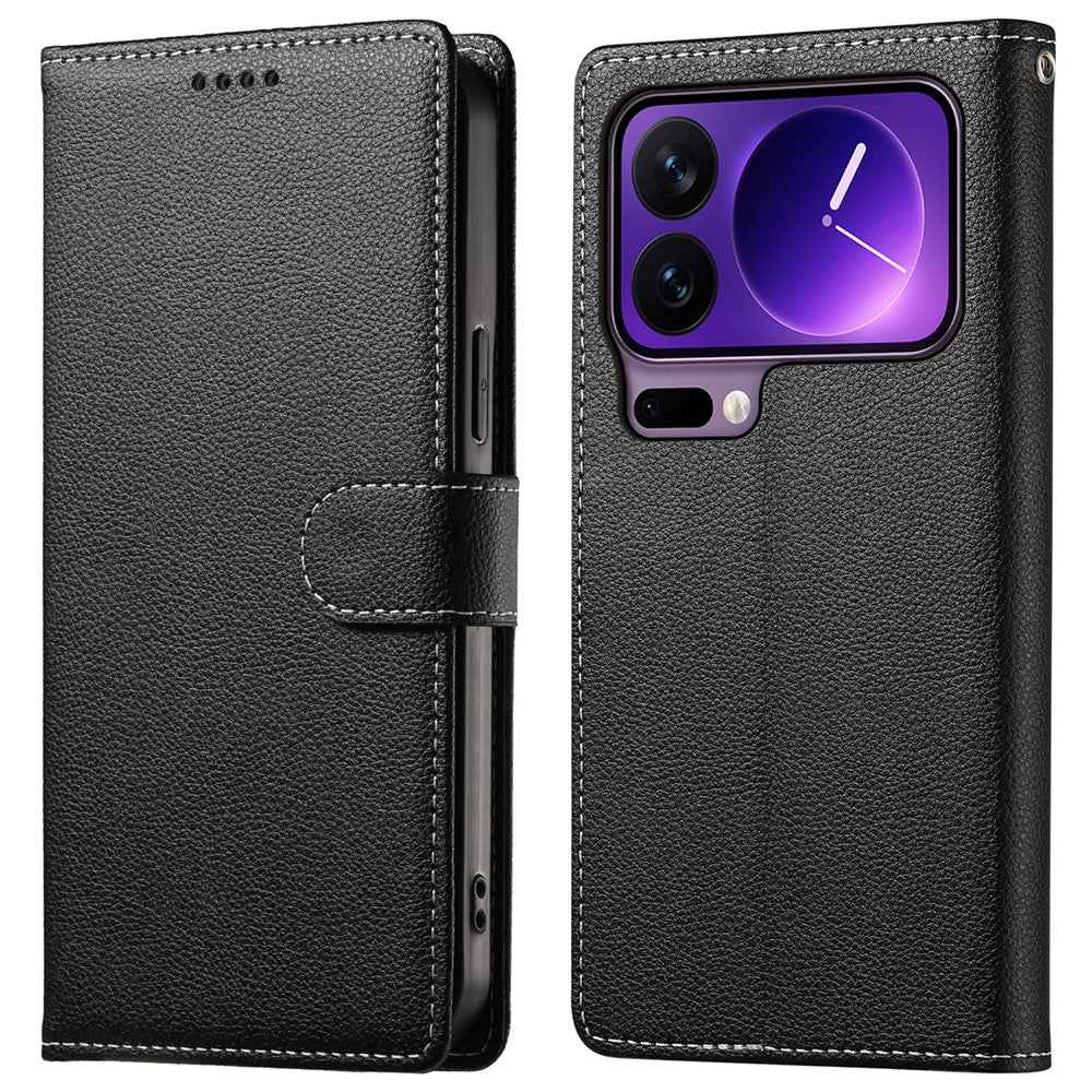 For Xiaomi 17 Pro Case Magnetic Snap Litchi Texture Leather Wallet Phone Cover with Wrist Strap - Black