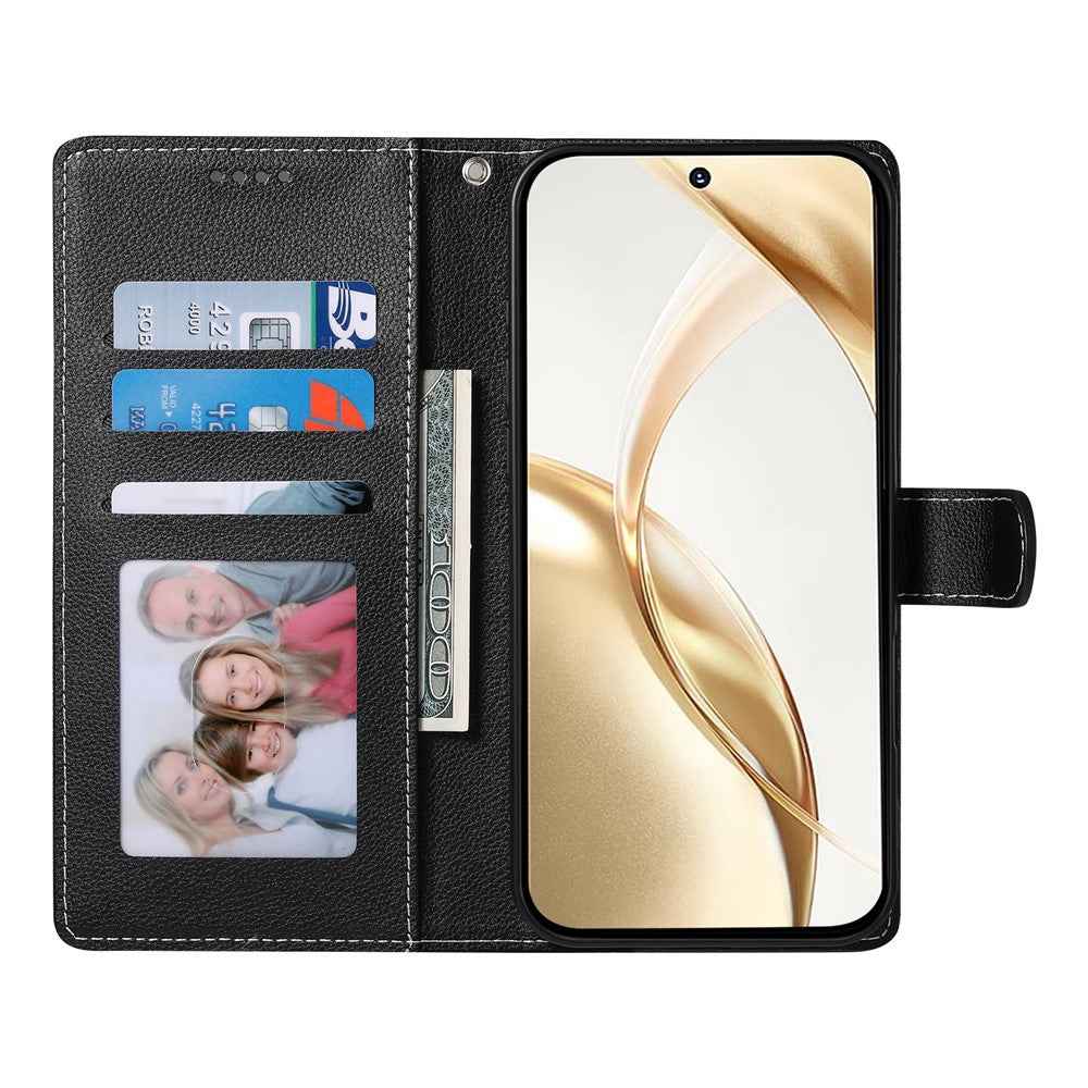 For Xiaomi 17 Pro Case Magnetic Snap Litchi Texture Leather Wallet Phone Cover with Wrist Strap - Black