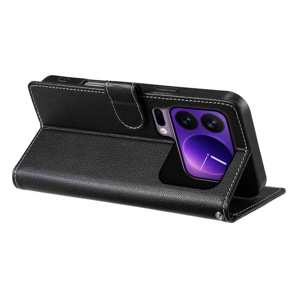 For Xiaomi 17 Pro Case Magnetic Snap Litchi Texture Leather Wallet Phone Cover with Wrist Strap - Black
