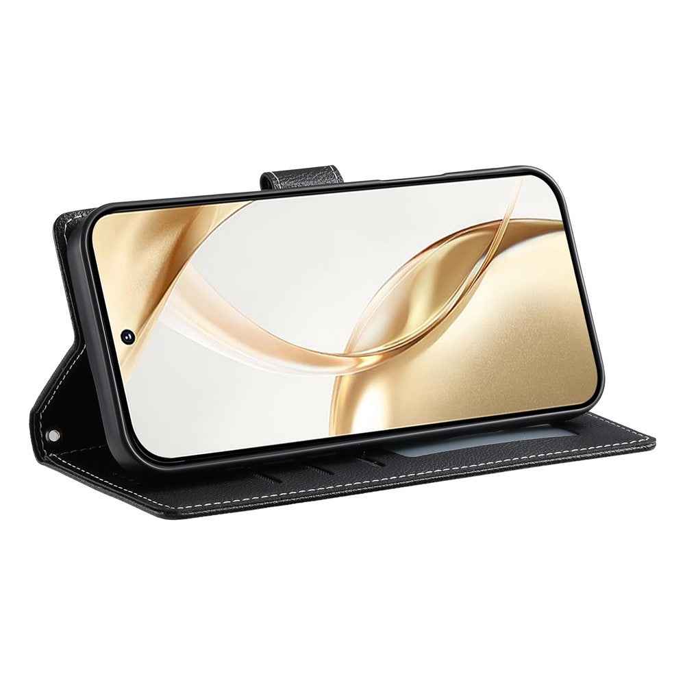 For Xiaomi 17 Pro Case Magnetic Snap Litchi Texture Leather Wallet Phone Cover with Wrist Strap - Black