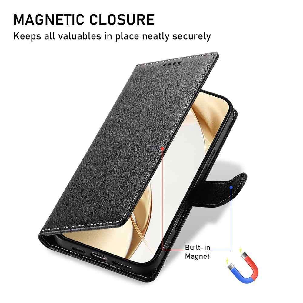 For Xiaomi 17 Pro Case Magnetic Snap Litchi Texture Leather Wallet Phone Cover with Wrist Strap - Black