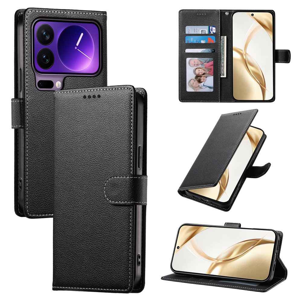 For Xiaomi 17 Pro Case Magnetic Snap Litchi Texture Leather Wallet Phone Cover with Wrist Strap - Black