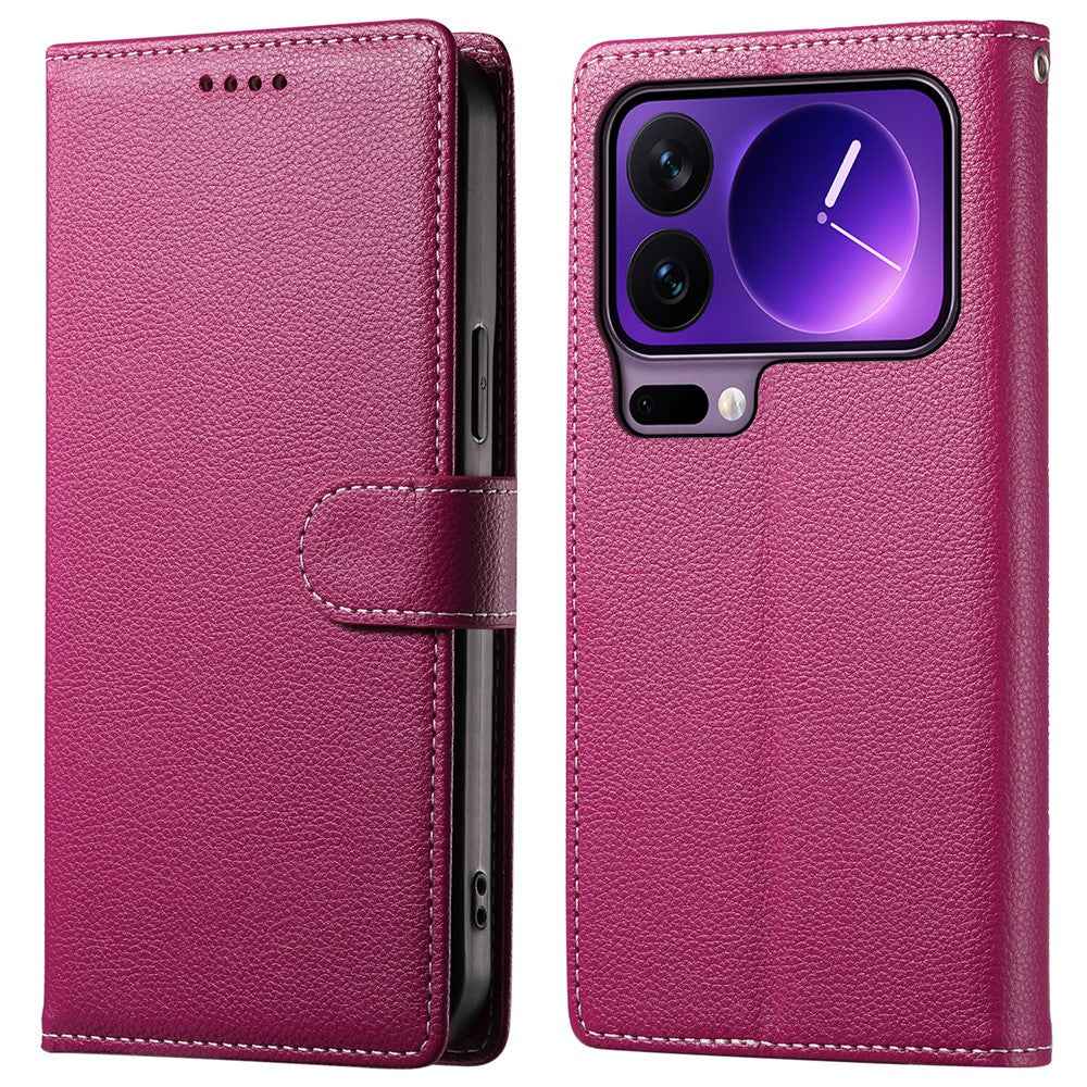 For Xiaomi 17 Pro Case Magnetic Snap Litchi Texture Leather Wallet Phone Cover with Wrist Strap - Rose